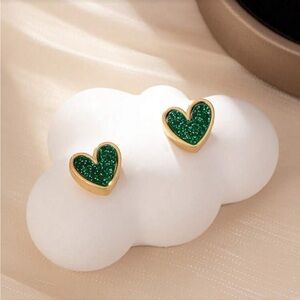 Gold and Green Heart Glitter Earrings